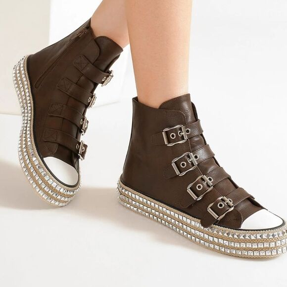 BEAST FASHION Brown High-Tops Multiple Silver Buckle Womens Shoes Size 7, 7.5, 8 - Picture 5 of 5